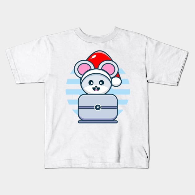 Cute Mouse Rats Character with santa hat Playing Personal Computer Kids T-Shirt by MrnCreative